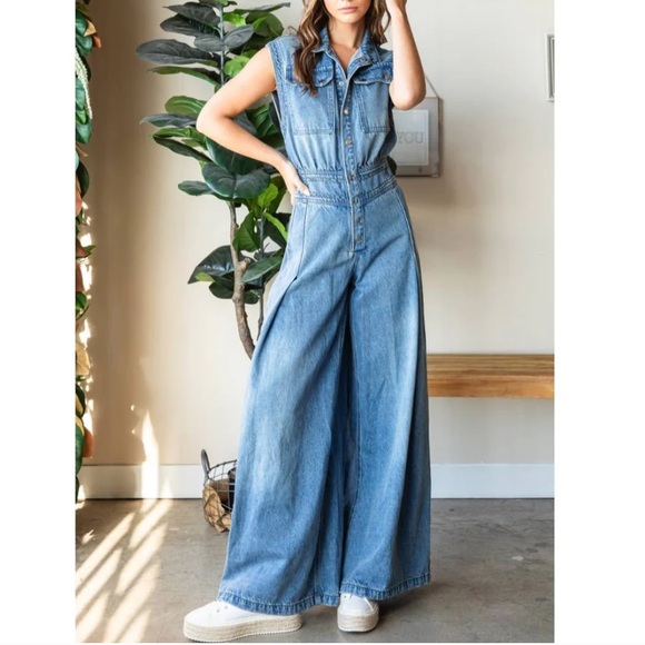 Vervet denim button down sleeveless ultra wide leg jumpsuit (flaw) large - Picture 1 of 11